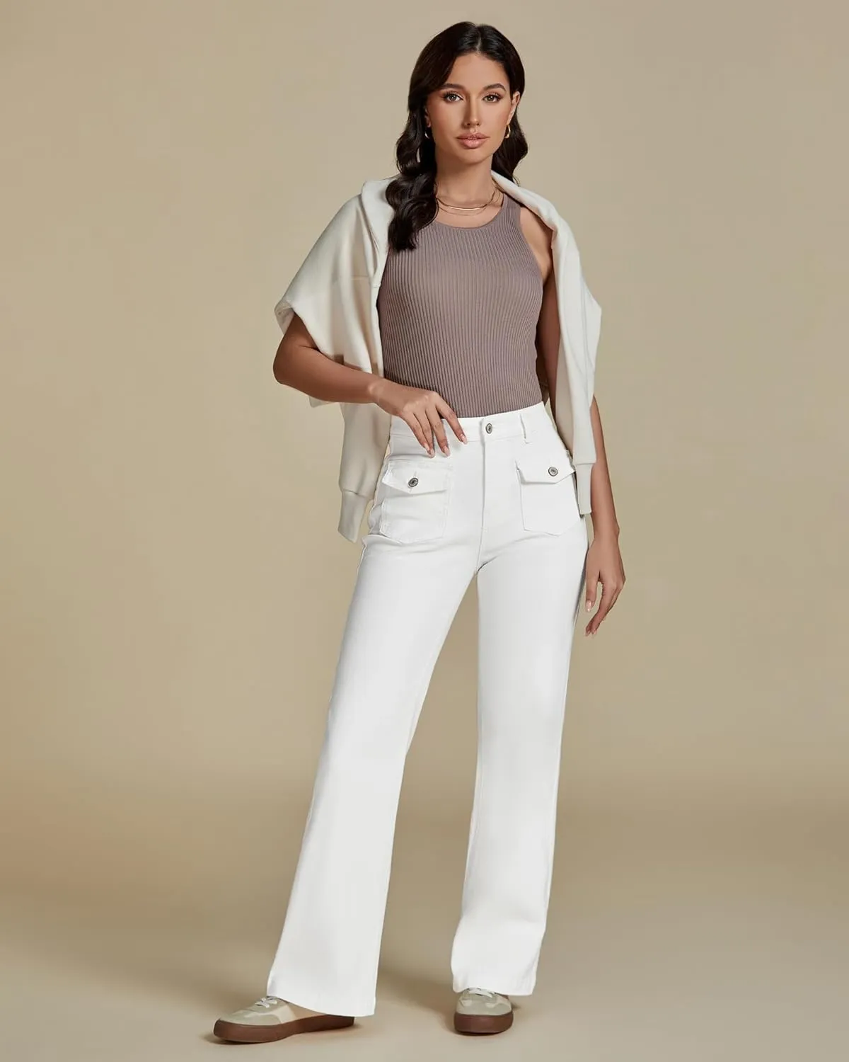 luvamia Wide Leg Jeans Woman High Waisted Trendy Stretchy Denim Work Trouser Jeans with Retro Button Flap Patch Pockets