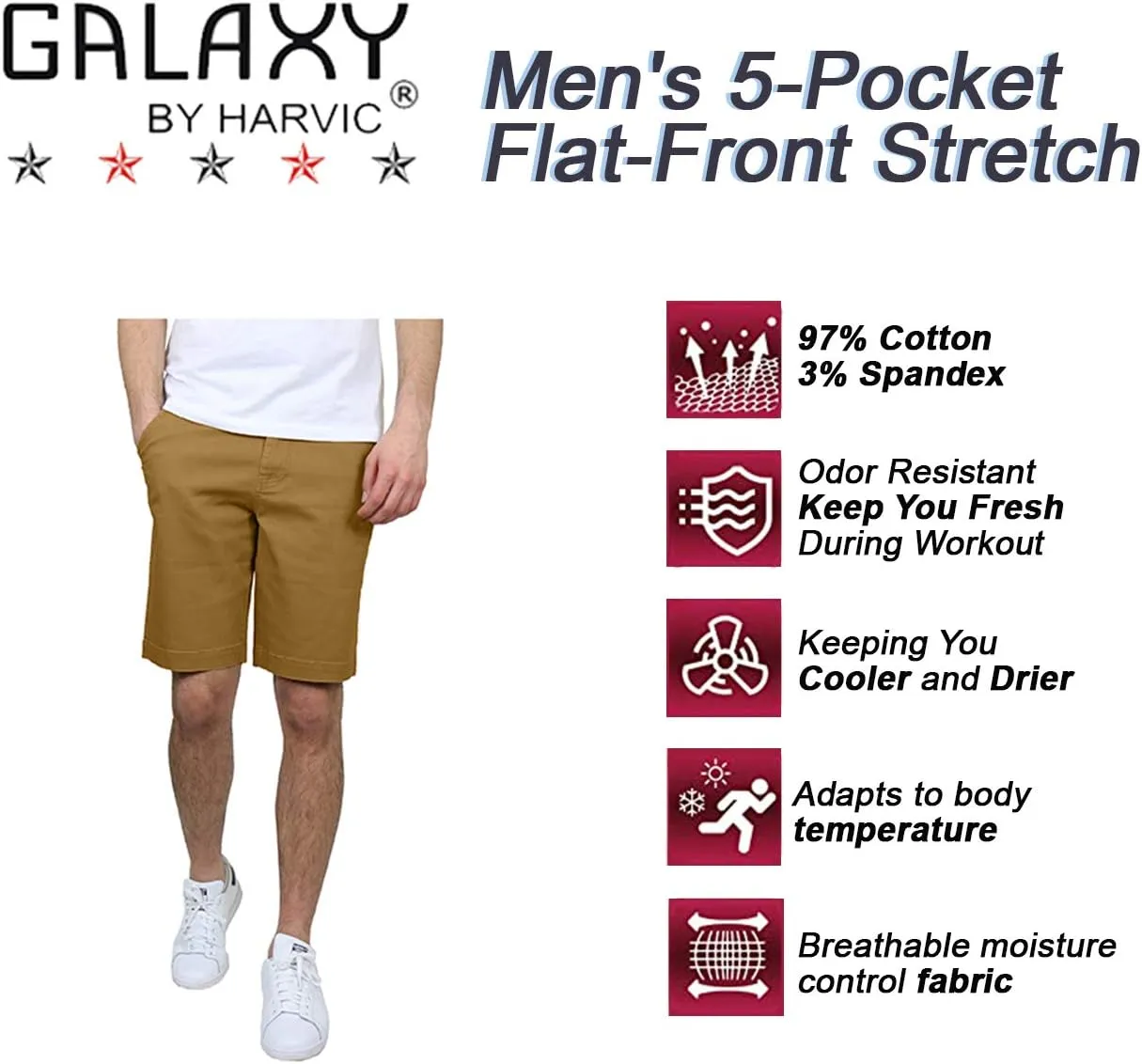 Men's 5-Pocket Flat-Front Stretch Chino Shorts (3-Pack, Size 30-40)