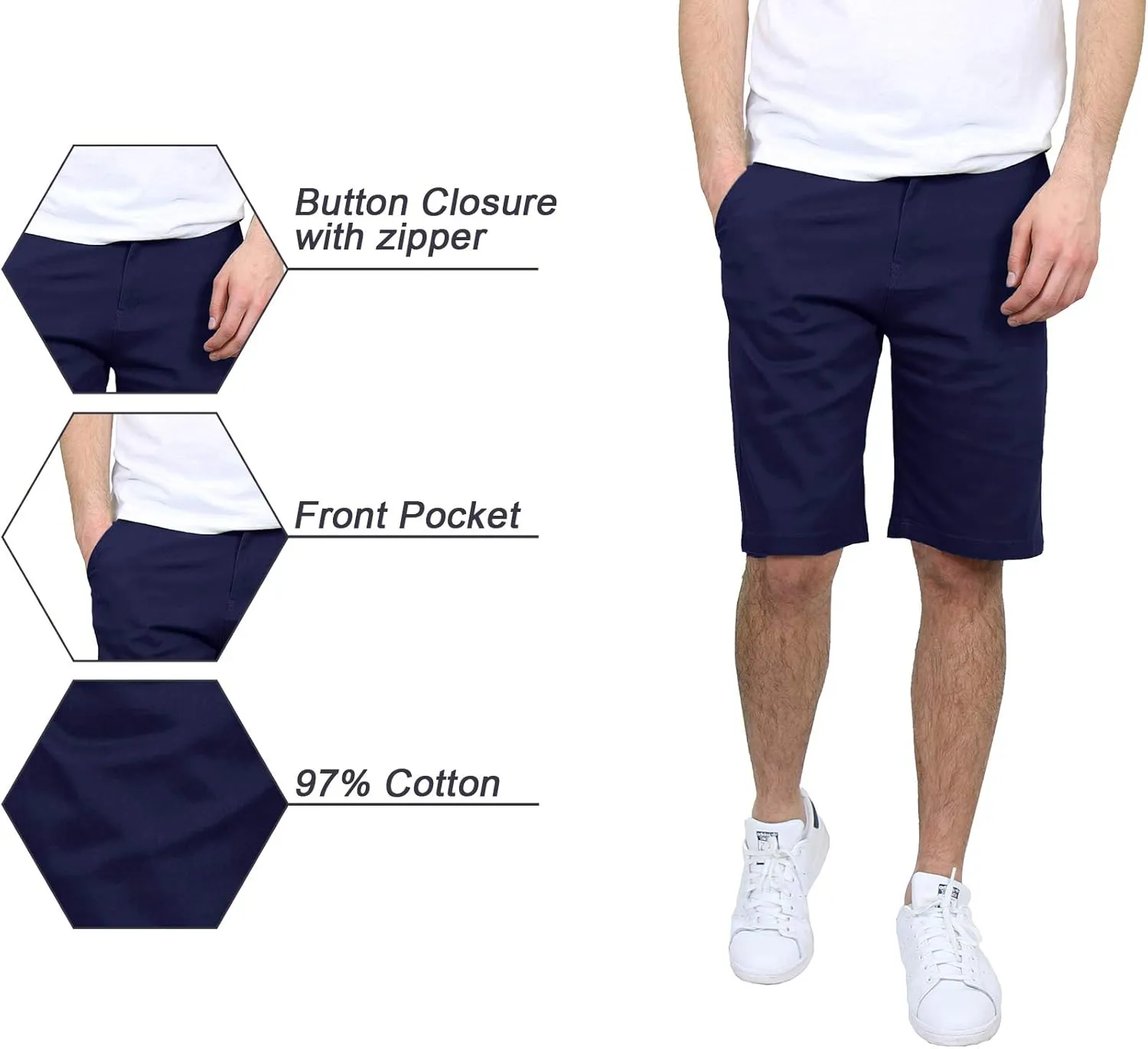 Men's 5-Pocket Flat-Front Stretch Chino Shorts (3-Pack, Size 30-40)