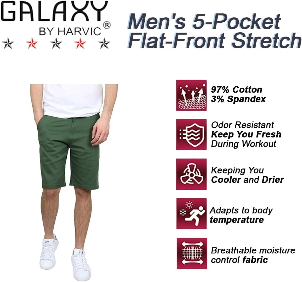Men's 5-Pocket Flat-Front Stretch Chino Shorts (3-Pack, Size 30-40)