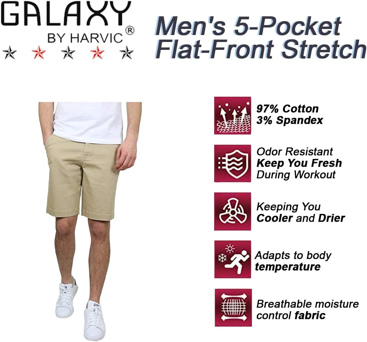 Men's 5-Pocket Flat-Front Stretch Chino Shorts (3-Pack, Size 30-40)