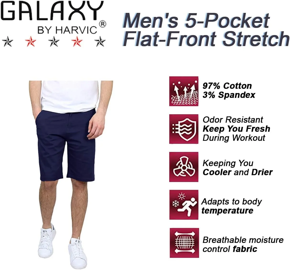 Men's 5-Pocket Flat-Front Stretch Chino Shorts (3-Pack, Size 30-40)