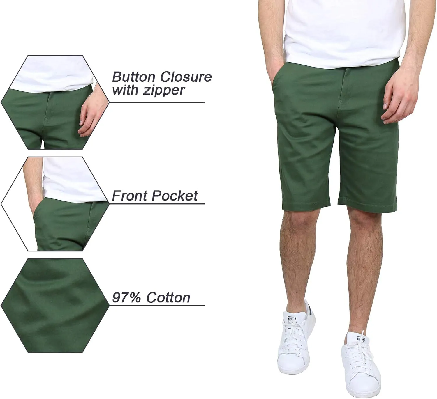 Men's 5-Pocket Flat-Front Stretch Chino Shorts (3-Pack, Size 30-40)