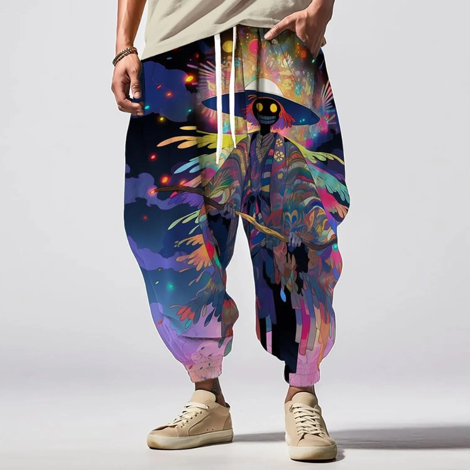Mens Baggy Harem Pants Men Elastic Drawstring Cotton Pants Waist Waist Mid Casual Solid Mens Casual Cotton Linen