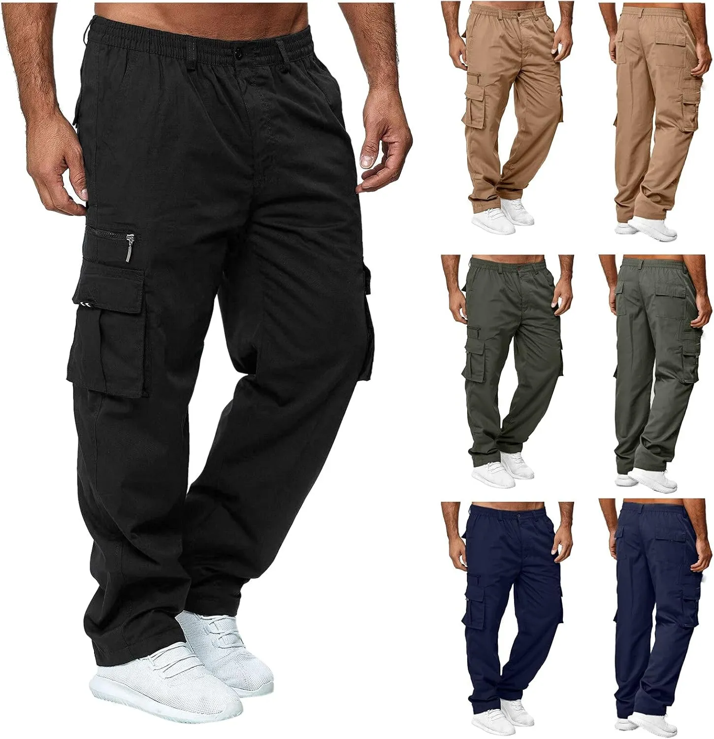 Mens Cargo Joggers Pants Casual Twill Chino Cotton Elastic Drawstring Outdoor Hiking Sweatpants Pants
