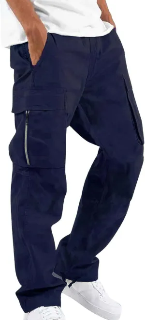 Mens Cargo Pants Classic Fit Pants, Cotton Work Pants, Casual Elastic Waist Solid Color Sports Sweatpants Multi Pcckets