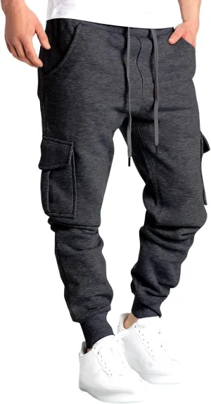 Mens Cargo Sweatpants Baggy Drawstring Elastic Waist Athletic Gym Pants Fall Winter Long Trousers with Pockets