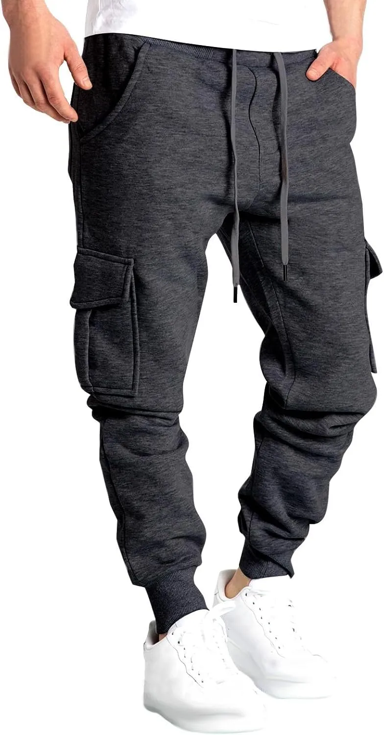 Mens Cargo Sweatpants Baggy Drawstring Elastic Waist Athletic Gym Pants Fall Winter Long Trousers with Pockets