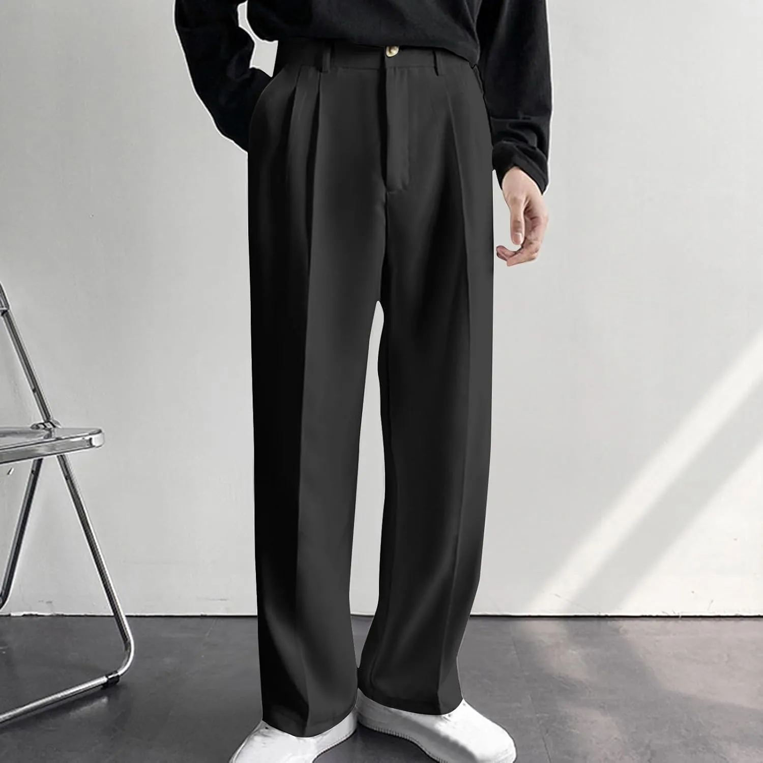 Men's Casual Business Pants Loose Pleated Dress Pants High Waisted Button Straight Wide Leg Suit Pants Work Trousers