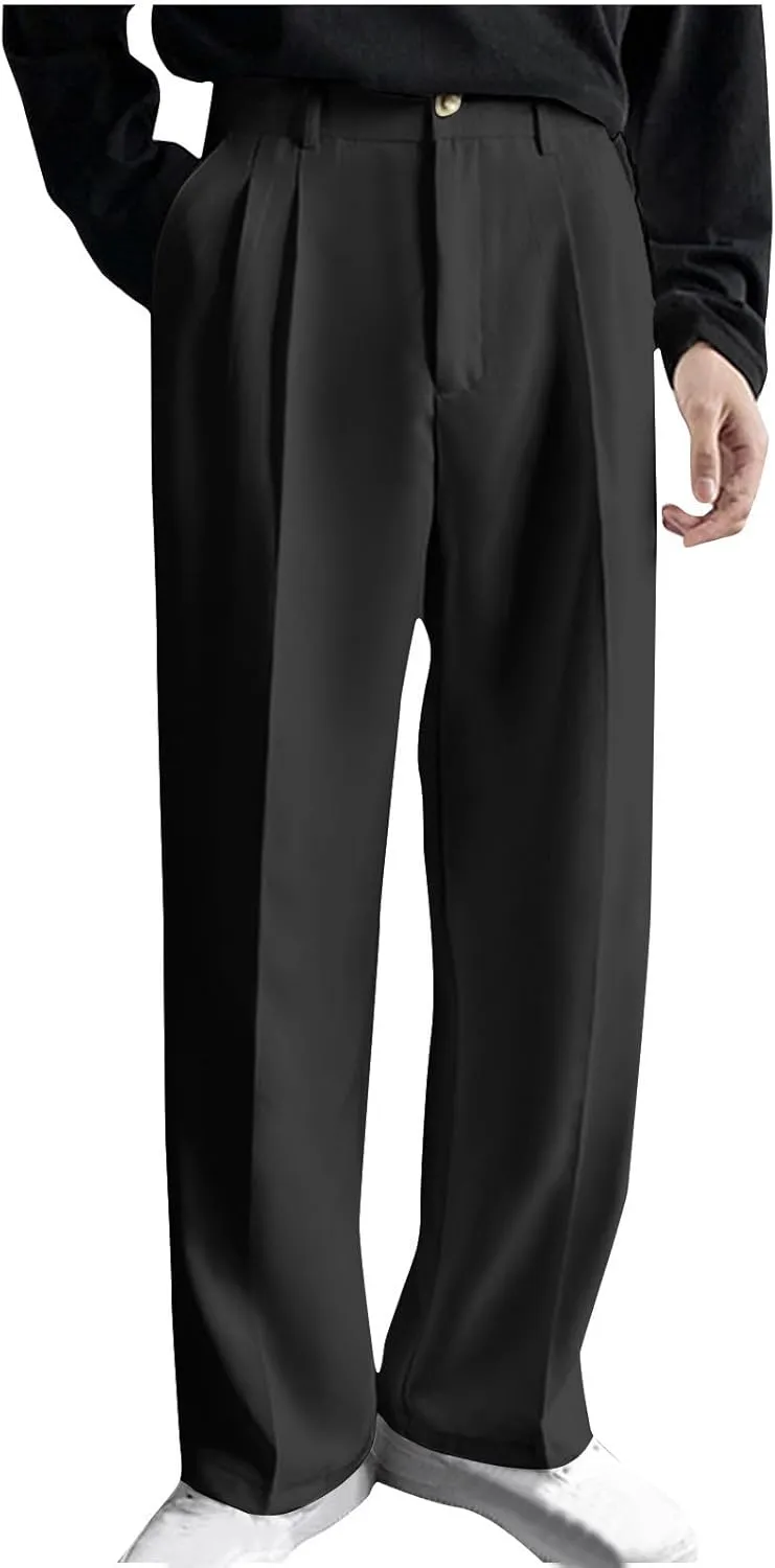 Men's Casual Business Pants Loose Pleated Dress Pants High Waisted Button Straight Wide Leg Suit Pants Work Trousers