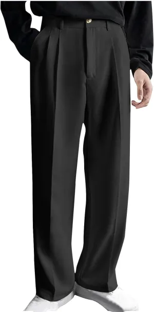 Men's Casual Business Pants Loose Pleated Dress Pants High Waisted Button Straight Wide Leg Suit Pants Work Trousers