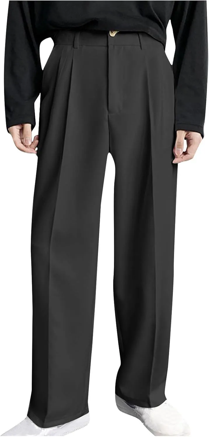 Men's Casual Business Pants Loose Pleated Dress Pants High Waisted Button Straight Wide Leg Suit Pants Work Trousers