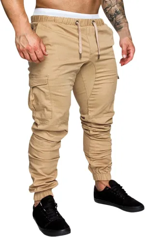 Mens Casual Cargo Pants Elastic Drawstring Trousers Cotton Workout Sweatpants Hiking Outdoor Joggers with Pockets