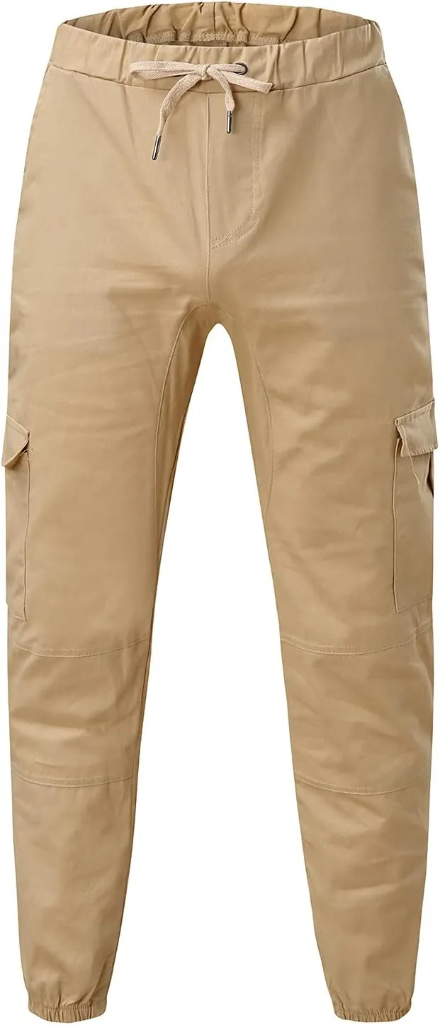 Mens Casual Cargo Pants Elastic Drawstring Trousers Cotton Workout Sweatpants Hiking Outdoor Joggers with Pockets