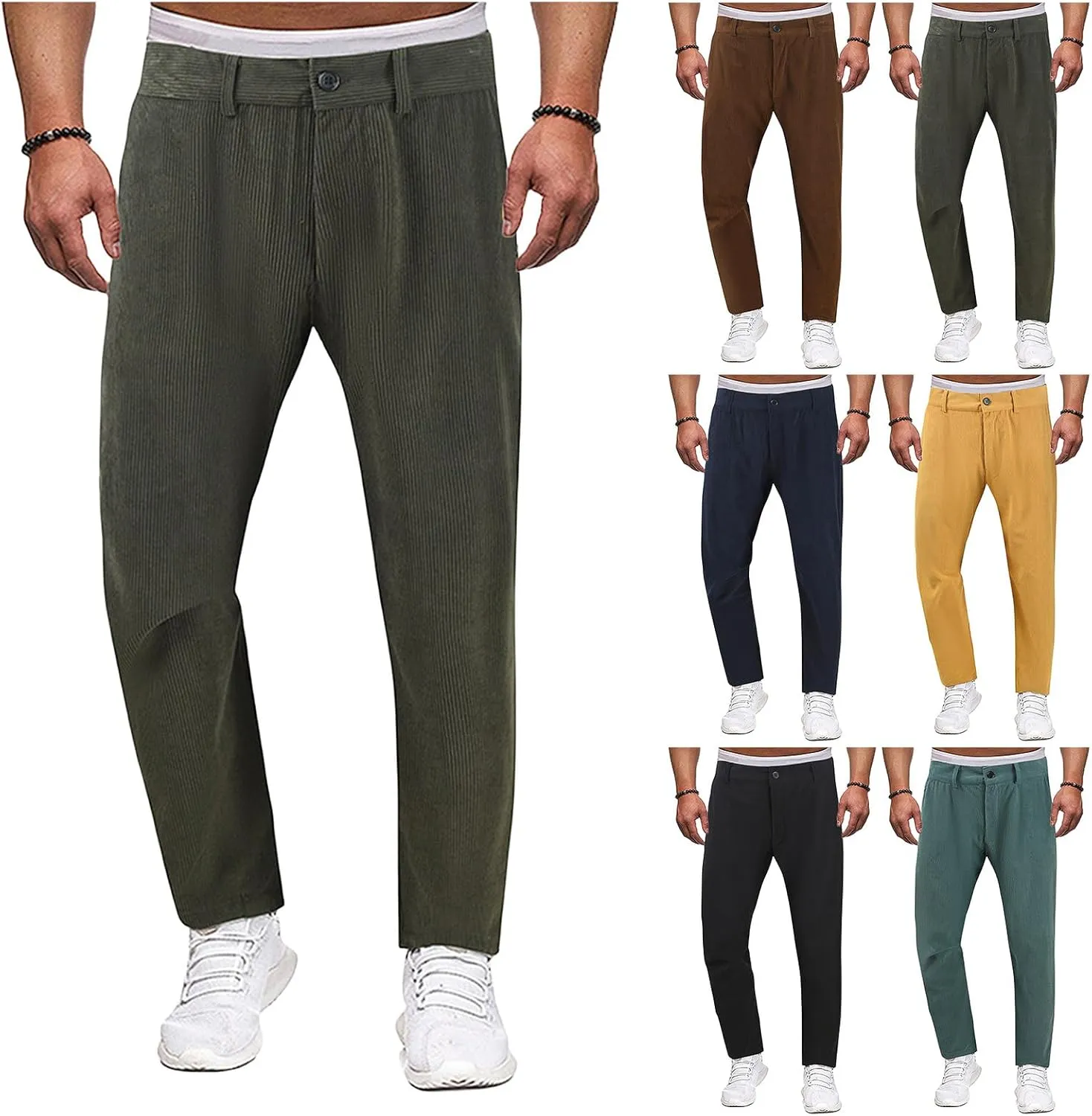 Men's Casual Corduroy Pants Solid Color Summer Straight Leg Stylish Trousers Slim Fit Fashion Spring Pleated Pants