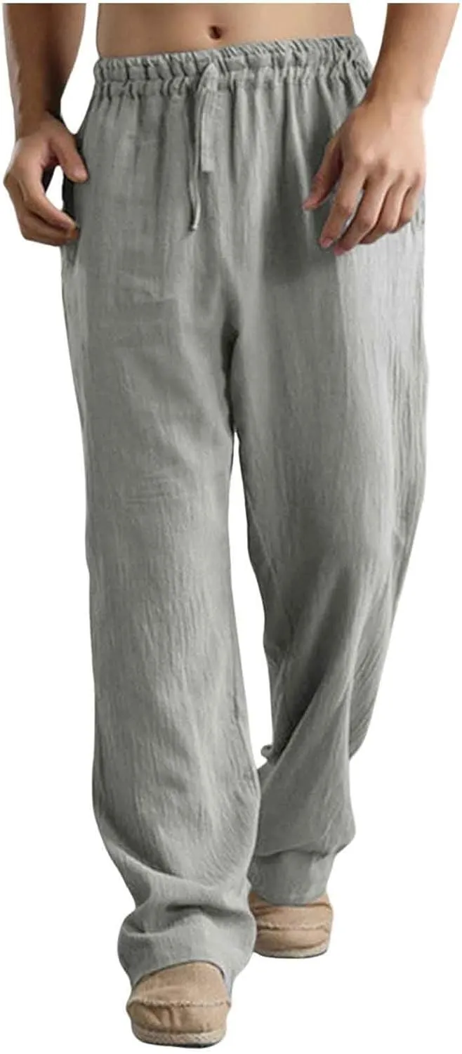 Men's Casual Cotton Linen Pants Straight Leg Jogger Yoga Pants Elastic Waist Drawstring Lounge Pants with Pockets Chino Pant