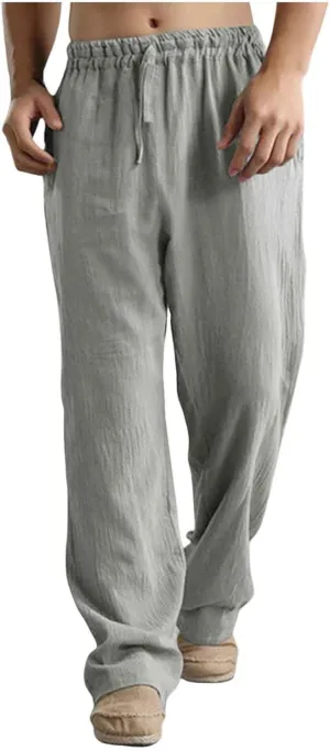 Men's Casual Cotton Linen Pants Straight Leg Jogger Yoga Pants Elastic Waist Drawstring Lounge Pants with Pockets Chino Pant