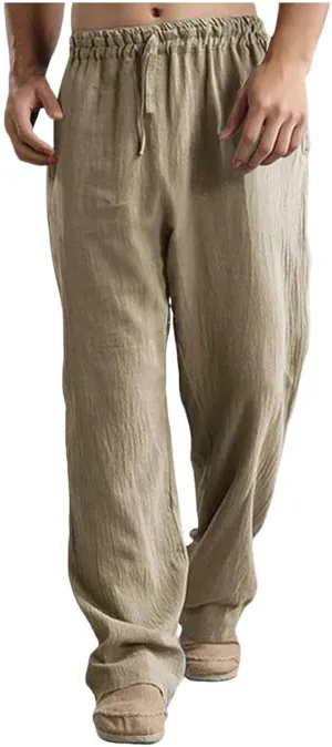 Men's Casual Cotton Linen Pants Straight Leg Jogger Yoga Pants Elastic Waist Drawstring Lounge Pants with Pockets Skinny Chino