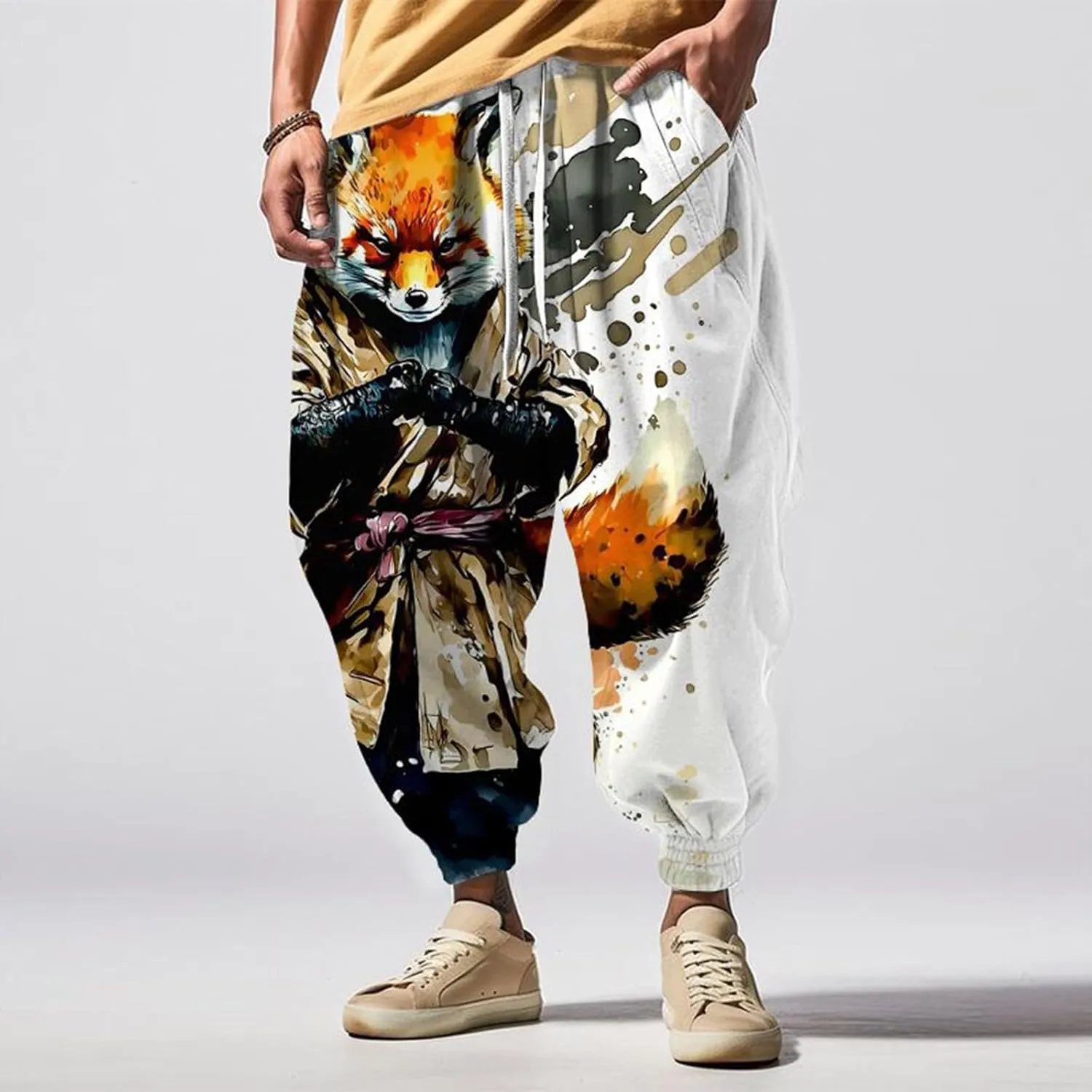 Mens Casual Joggers Pants Men's Autumn Fun Print Fashion Street Feel Baggy Hippie Elastic Waist Drop Crotch Trousers