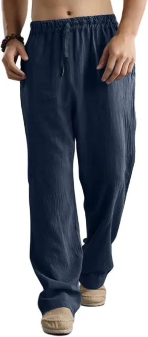 Mens Casual Linen Pants, Lightweight Loose Straight-Legs Trousers Leisure Elastic Waist Sports Beach Yoga Long Pants