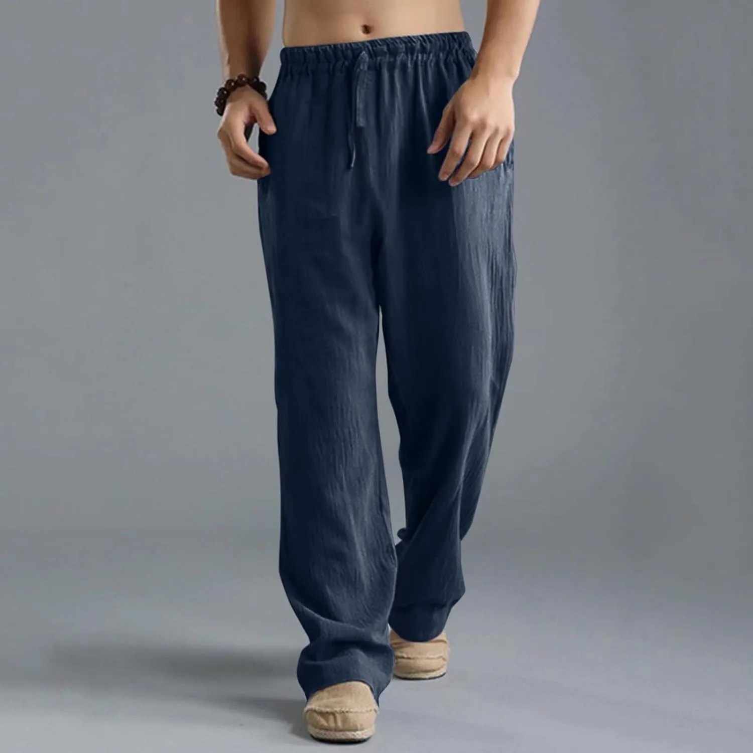 Mens Casual Linen Pants, Lightweight Loose Straight-Legs Trousers Leisure Elastic Waist Sports Beach Yoga Long Pants