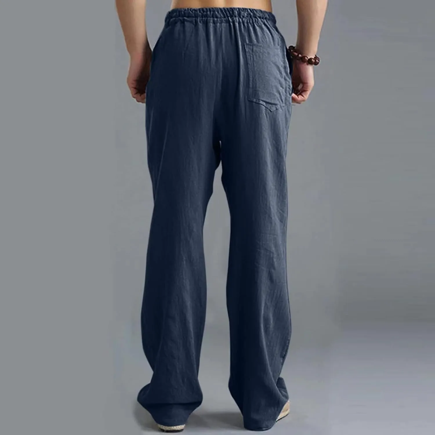 Mens Casual Linen Pants, Lightweight Loose Straight-Legs Trousers Leisure Elastic Waist Sports Beach Yoga Long Pants