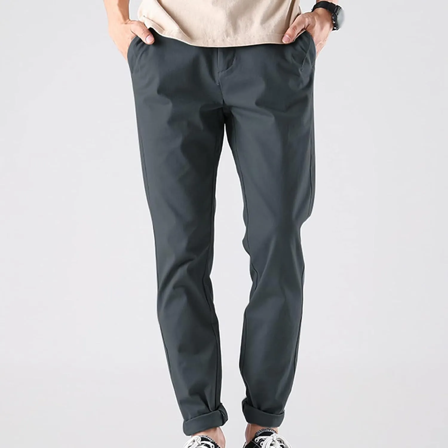 Men's Classic Straight Leg Stretch Pant Slim Fit Flat Front Casual Pants Solid Comfort Athletic Chino Trousers