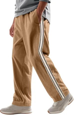Mens Corduroy Striped Pants Loose Lightweight Wide Leg Sweatpants Casual Elastic Waist Drawstring Vintage Track Pants