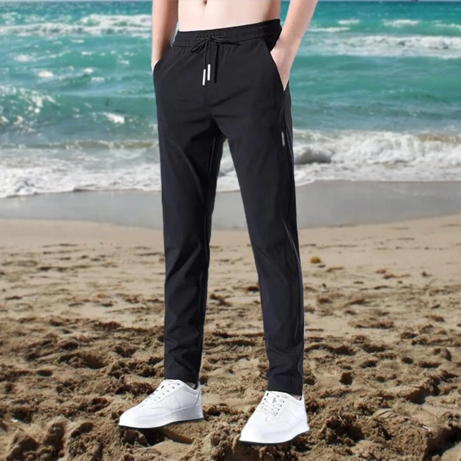 Mens Cotton Linen Pants Drawstring Elastic Waist Straight Leg Pant Workout Sport Pants Multi-Pocket Trousers