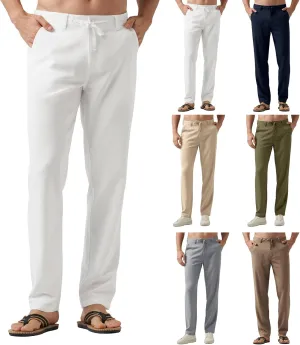Men's Cotton Linen Trousers Flat Front Slim Fit Pants Solid Color Casual Business Pants Lightweight Stretchy Trousers