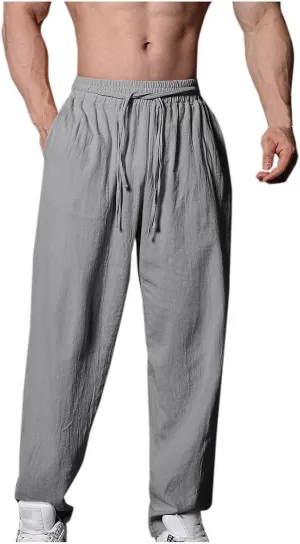 Mens Cotton Linen Workout Pants Comfy Drawstring Waist Trousers Loose Casual Outing Sports Pant Solid Soft Clothes
