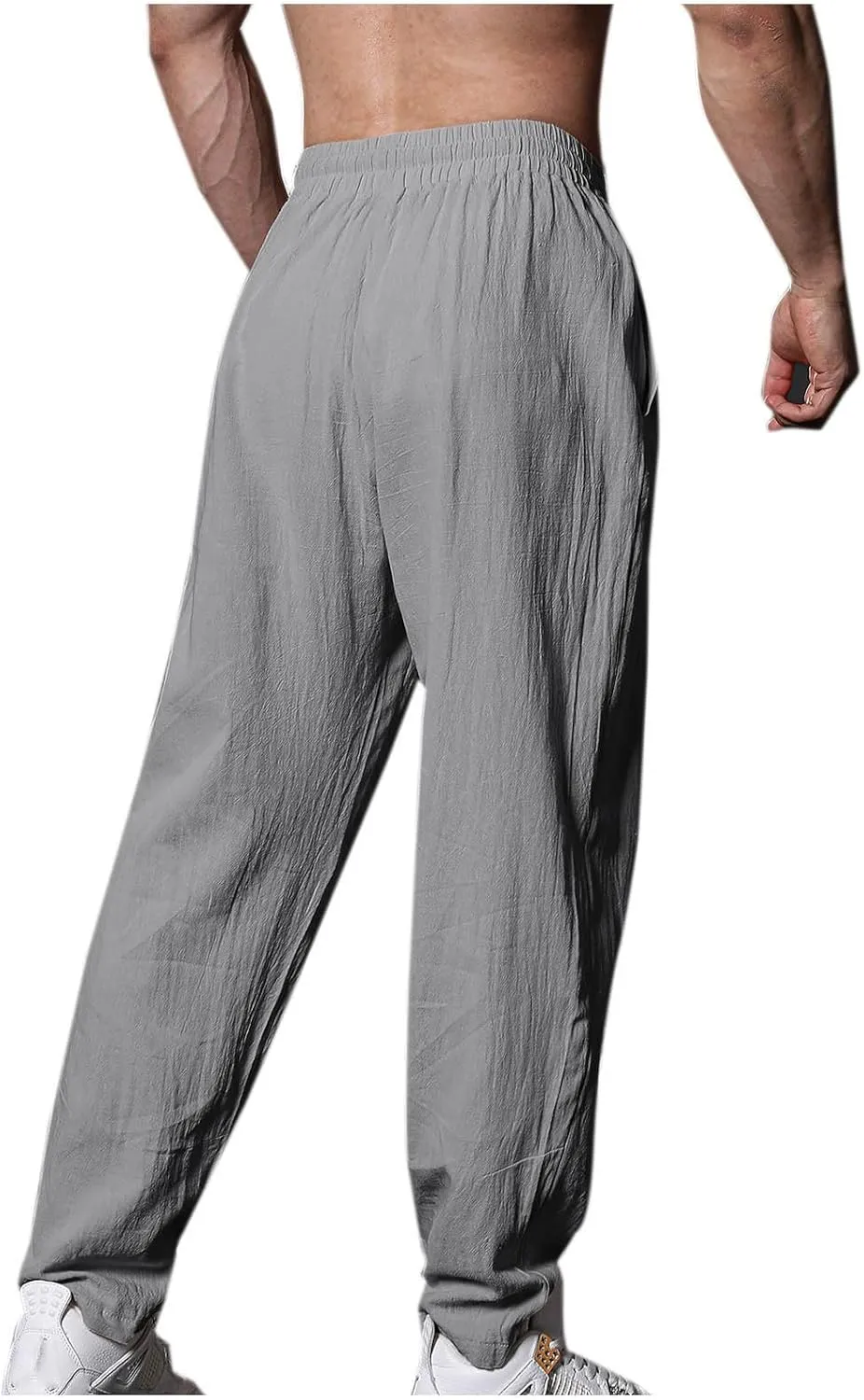 Mens Cotton Linen Workout Pants Comfy Drawstring Waist Trousers Loose Casual Outing Sports Pant Solid Soft Clothes