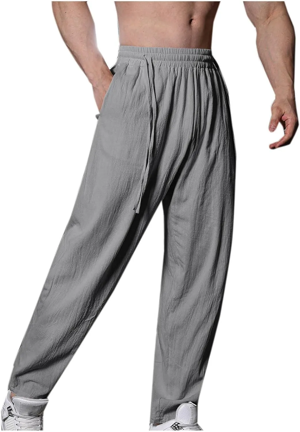Mens Cotton Linen Workout Pants Comfy Drawstring Waist Trousers Loose Casual Outing Sports Pant Solid Soft Clothes