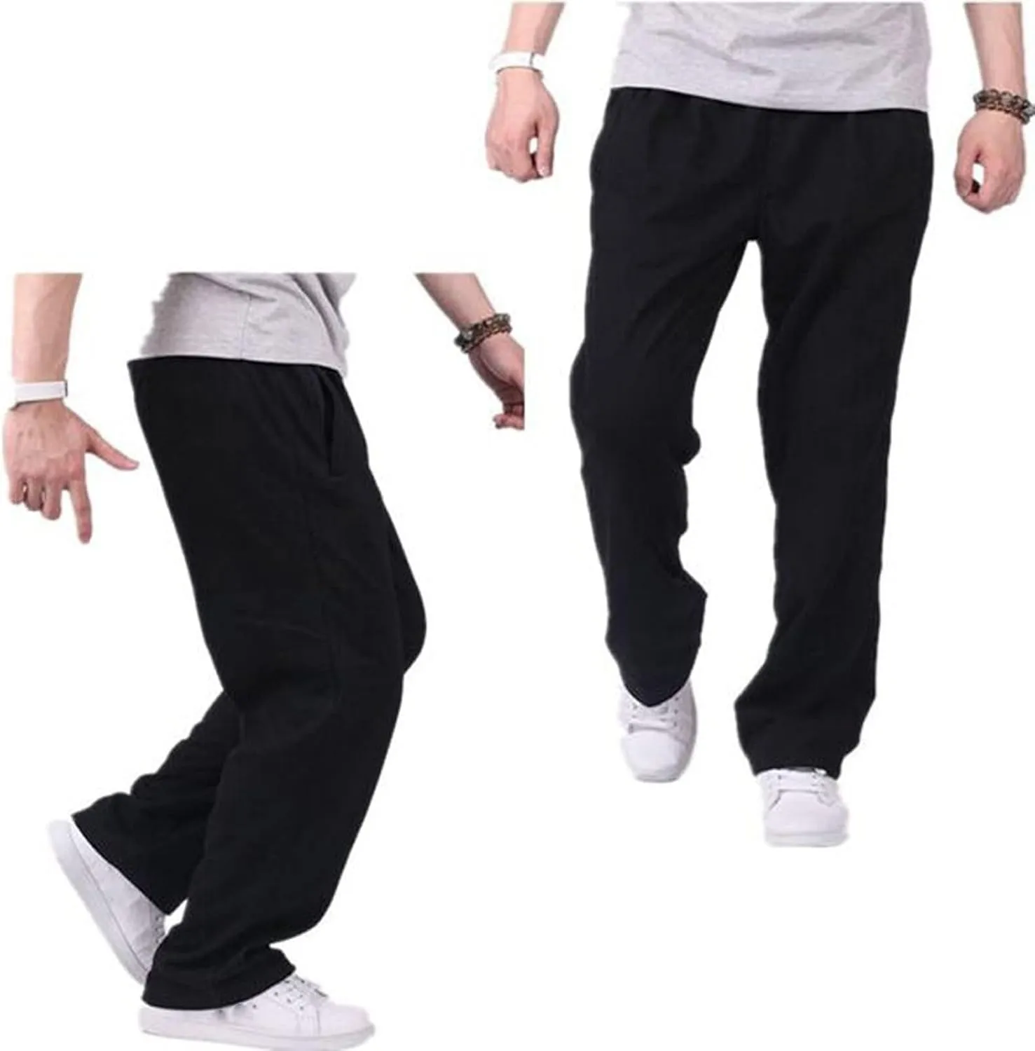Mens Cotton Pants, Casual Solid Color Elastic Waist Drawstring Pants, Lightweight Summer Beach Trousers with Pockets