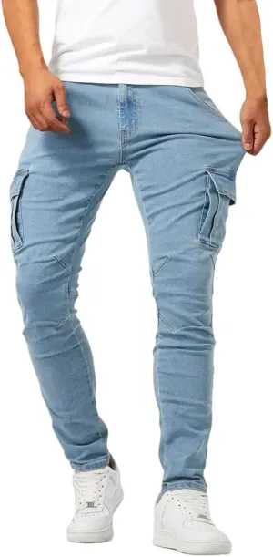 Mens Distressed Moto Biker Jeans Slim Fit Stretch Skinny Denim Pants Fashion Hip Hop Gothic Jeans with Multi Pockets