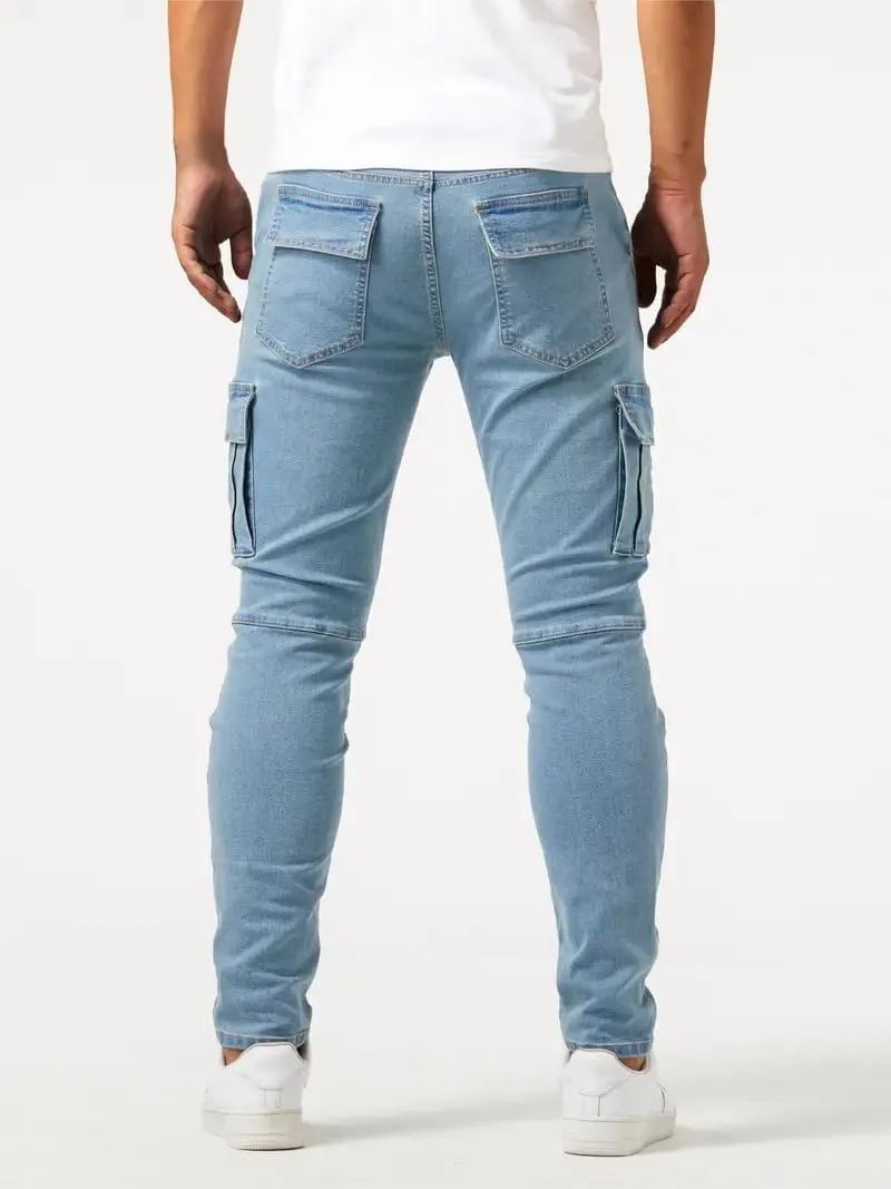 Mens Distressed Moto Biker Jeans Slim Fit Stretch Skinny Denim Pants Fashion Hip Hop Gothic Jeans with Multi Pockets