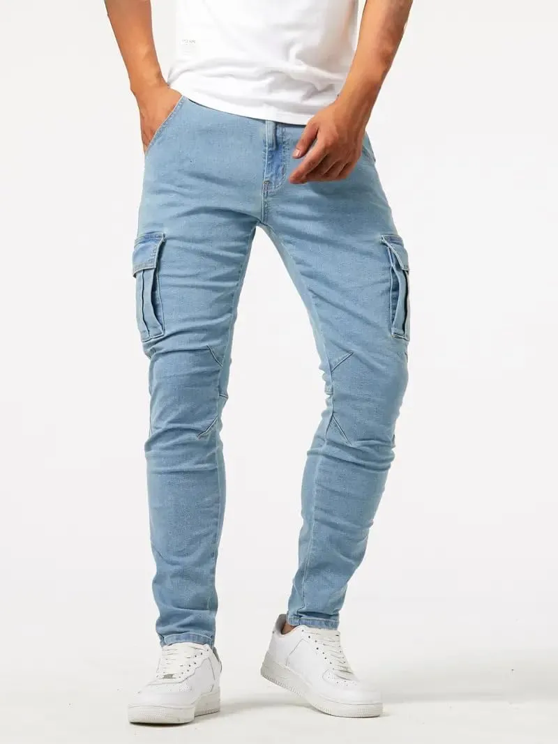 Mens Distressed Moto Biker Jeans Slim Fit Stretch Skinny Denim Pants Fashion Hip Hop Gothic Jeans with Multi Pockets