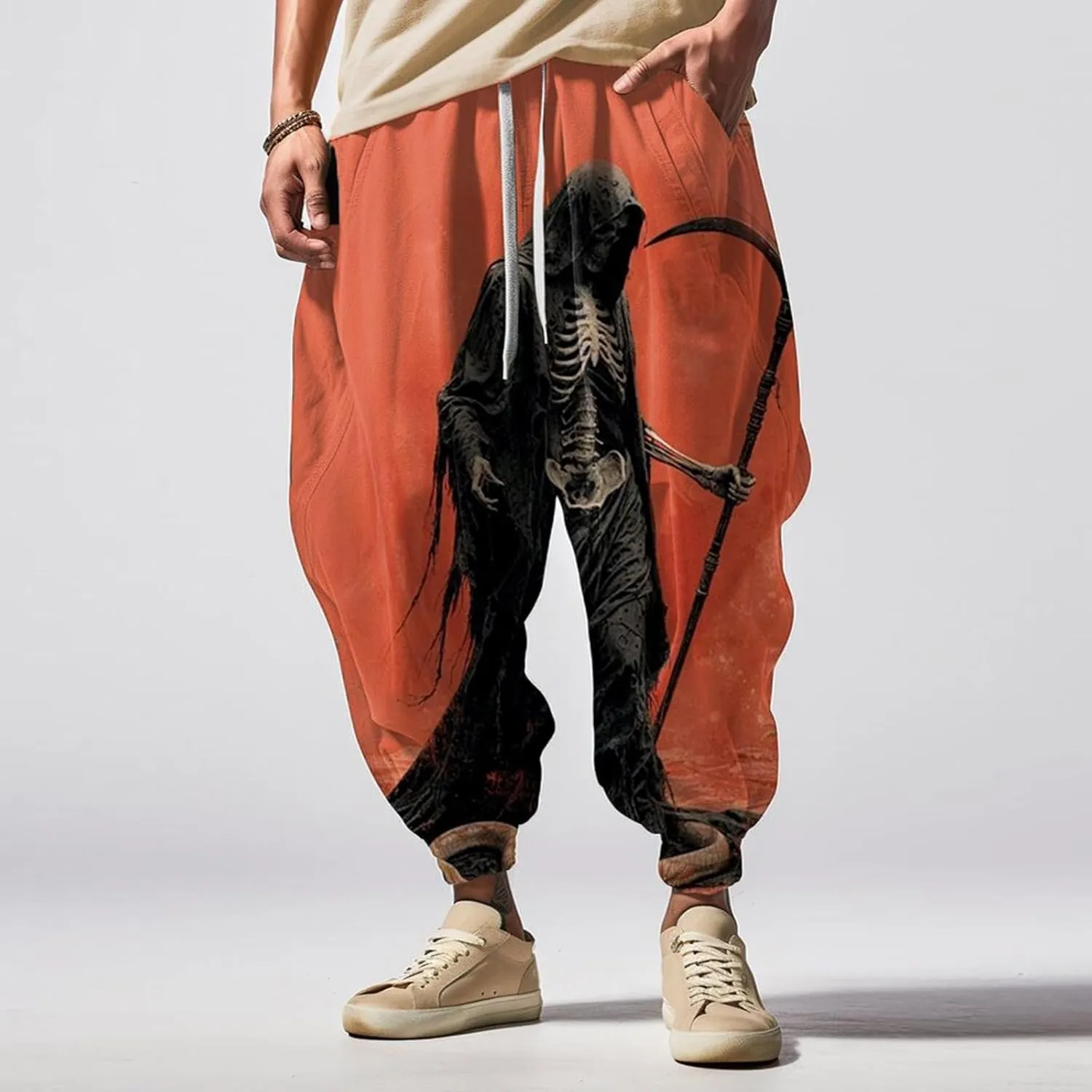 Men's Drawstring Hippie Harem Pants Men's Autumn Fun Print Fashion Street Feel Casual Sweatpants Athletic Running