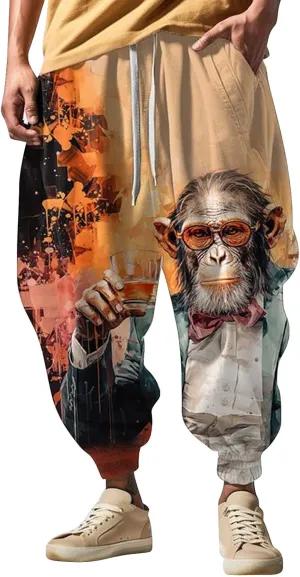 Men's Drawstring Hippie Harem Pants Men's Autumn Fun Print Fashion Street Feel Casual Sweatpants Athletic Running
