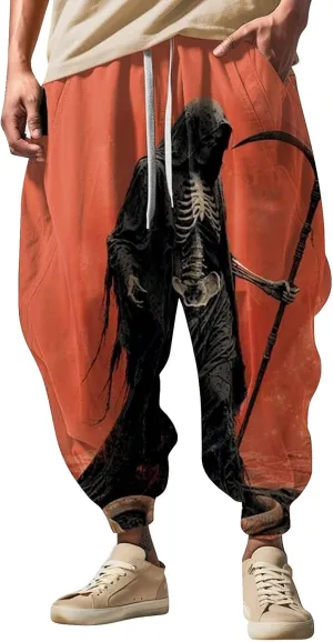 Men's Drawstring Hippie Harem Pants Men's Autumn Fun Print Fashion Street Feel Casual Sweatpants Athletic Running