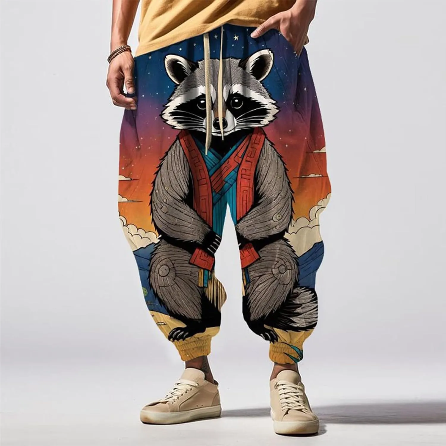 Men's Drawstring Hippie Harem Pants Men's Autumn Fun Print Fashion Street Feel Casual Sweatpants Athletic Running