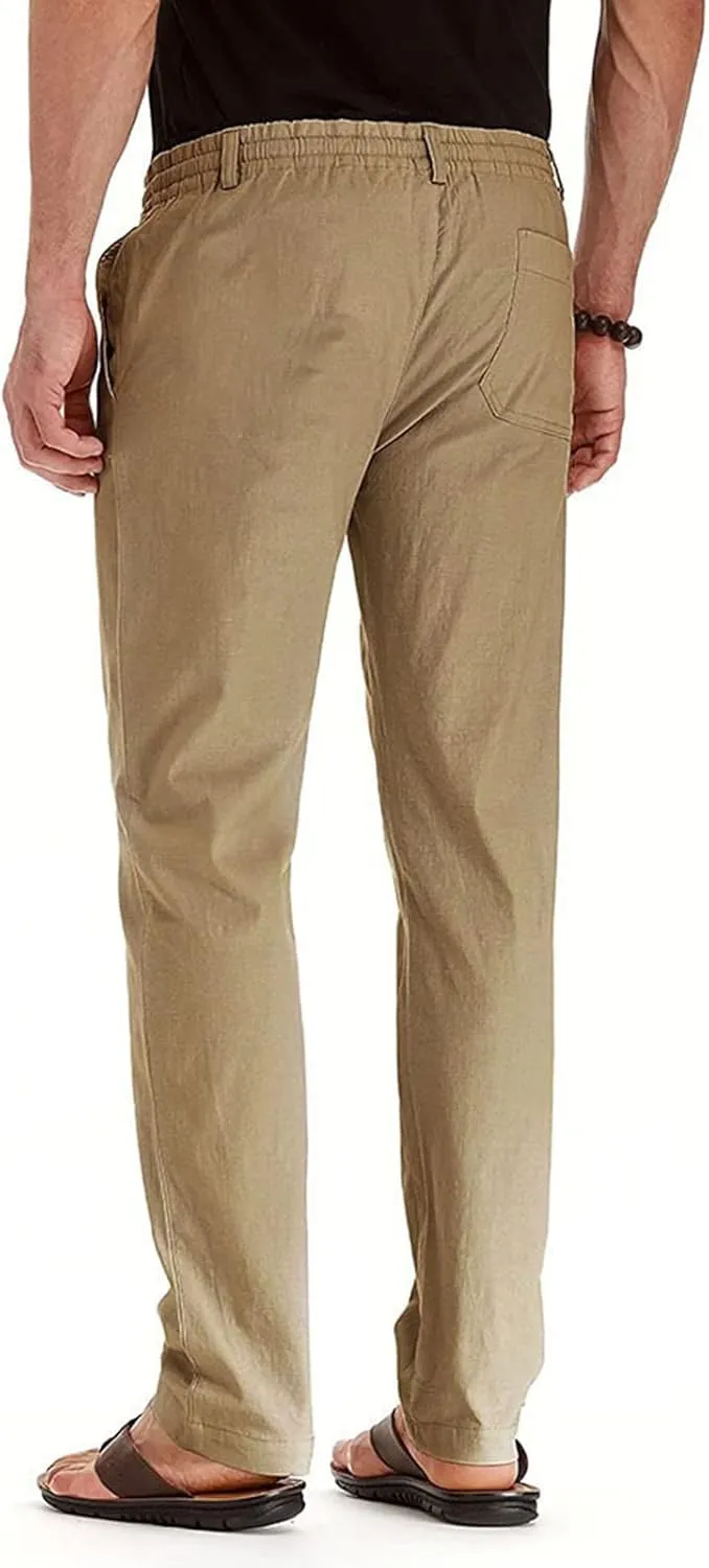 Men's Drawstring Linen Pants, Casual Summer Zipper Solid Color Beach Loose Workout Trousers, Oversized Sweatpants Mens