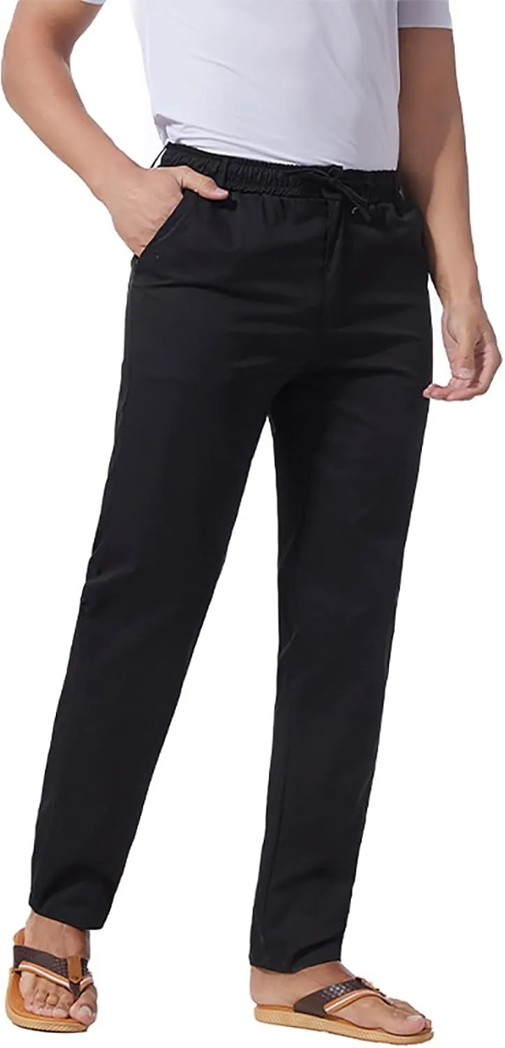 Men's Drawstring Linen Pants Lightweight Casual Regular Fit Elastic Waist Twill Pant Straight Summer Beach Trousers