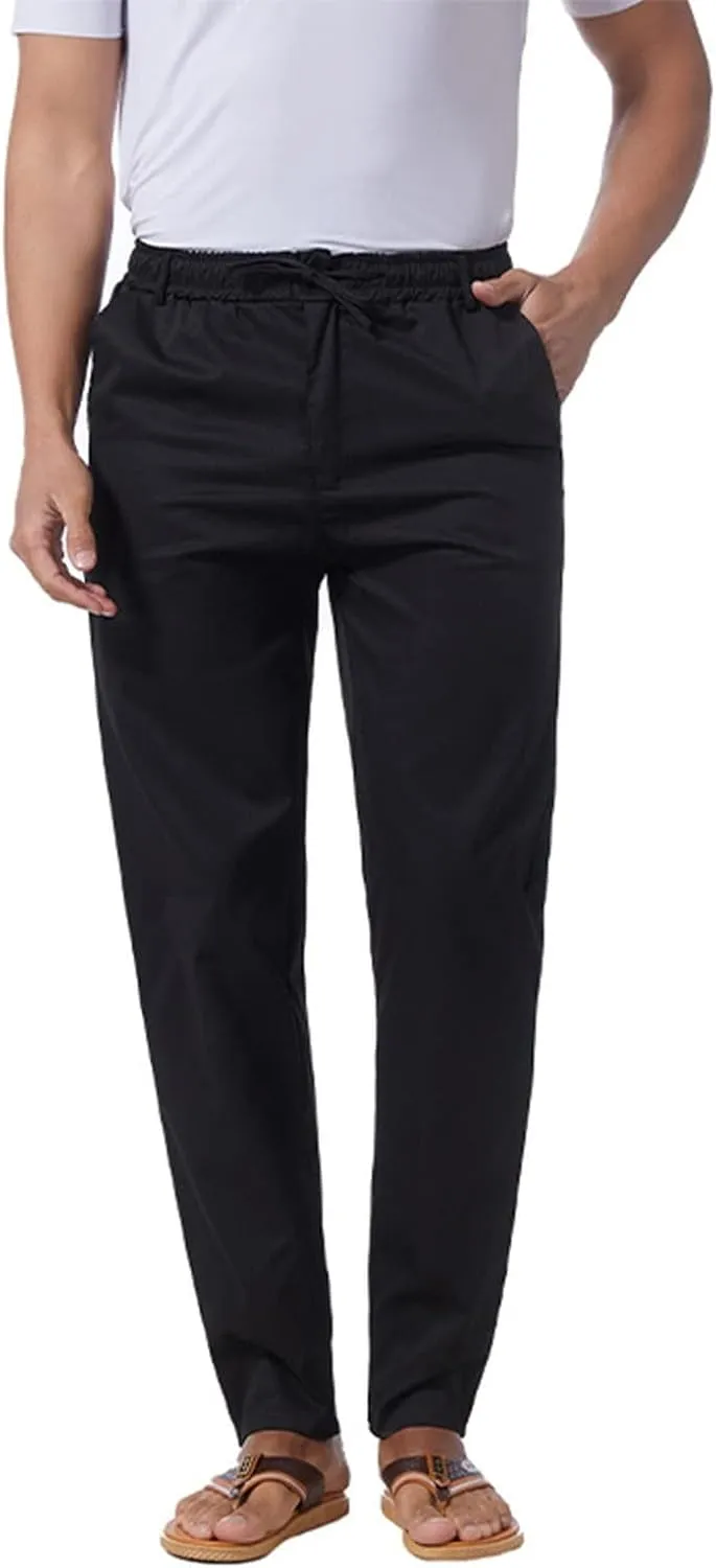 Men's Drawstring Linen Pants Lightweight Casual Regular Fit Elastic Waist Twill Pant Straight Summer Beach Trousers