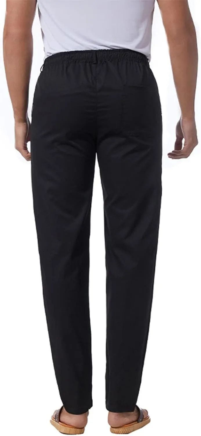 Men's Drawstring Linen Pants Lightweight Casual Regular Fit Elastic Waist Twill Pant Straight Summer Beach Trousers
