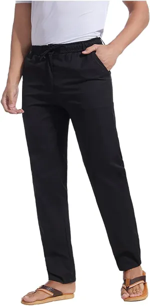 Men's Drawstring Linen Pants Lightweight Casual Regular Fit Elastic Waist Twill Pant Straight Summer Beach Trousers