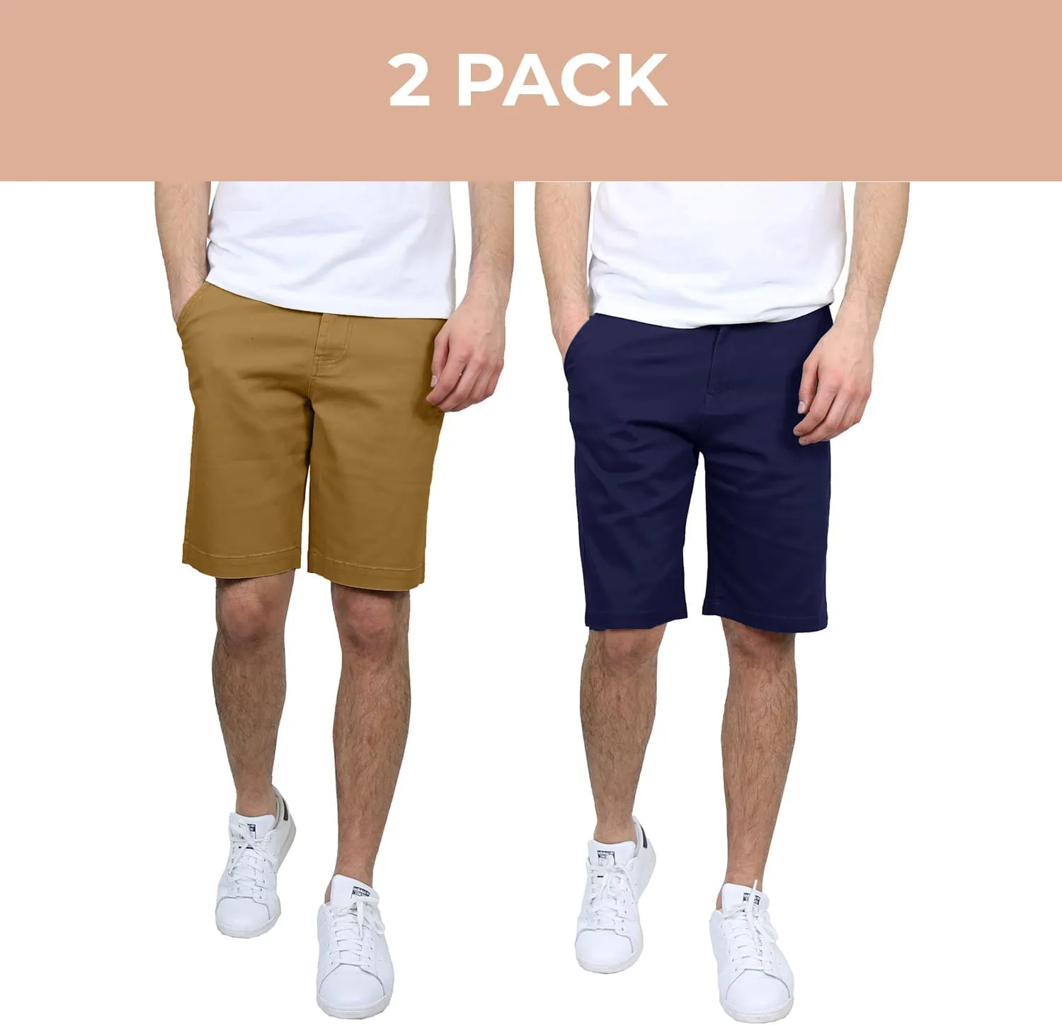 Men's Flat Front Stretch Twill Chino Shorts, Classic Cotton Blend Short with Multi Pocket 2-Pack
