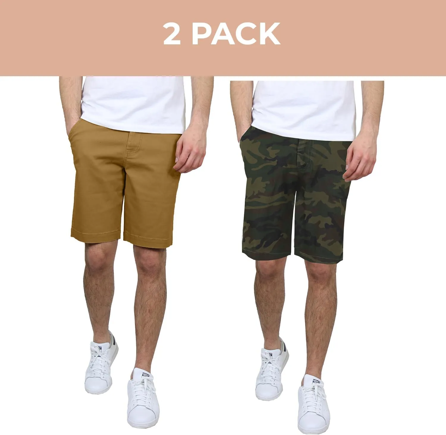Men's Flat Front Stretch Twill Chino Shorts, Classic Cotton Blend Short with Multi Pocket 2-Pack