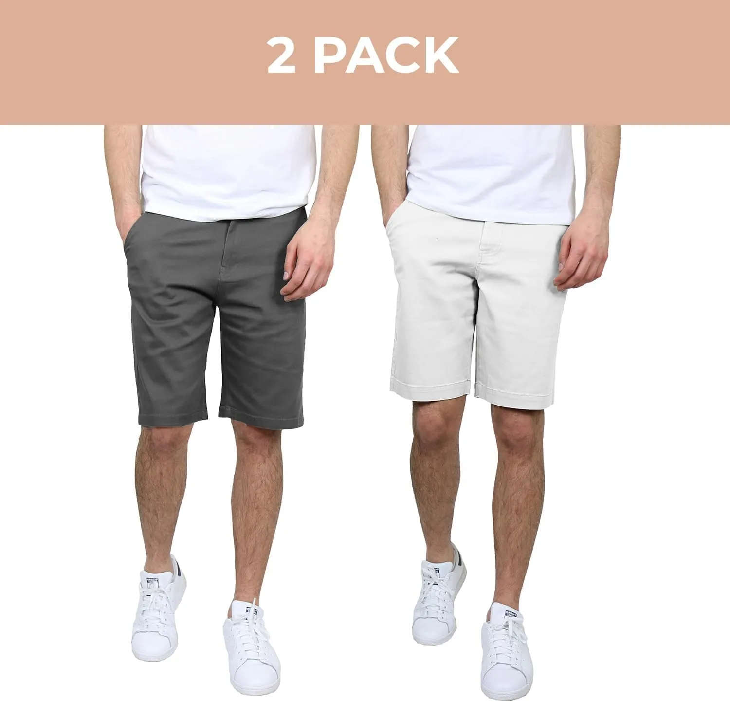 Men's Flat Front Stretch Twill Chino Shorts, Classic Cotton Blend Short with Multi Pocket 2-Pack