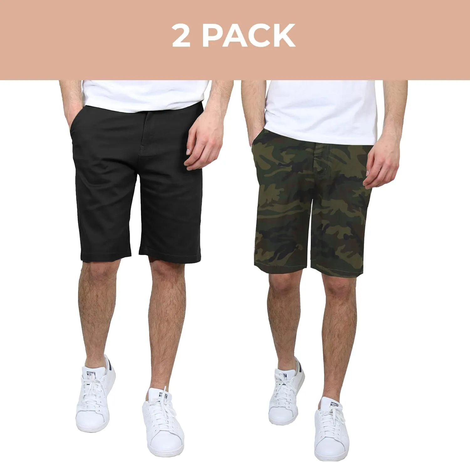 Men's Flat Front Stretch Twill Chino Shorts, Classic Cotton Blend Short with Multi Pocket 2-Pack